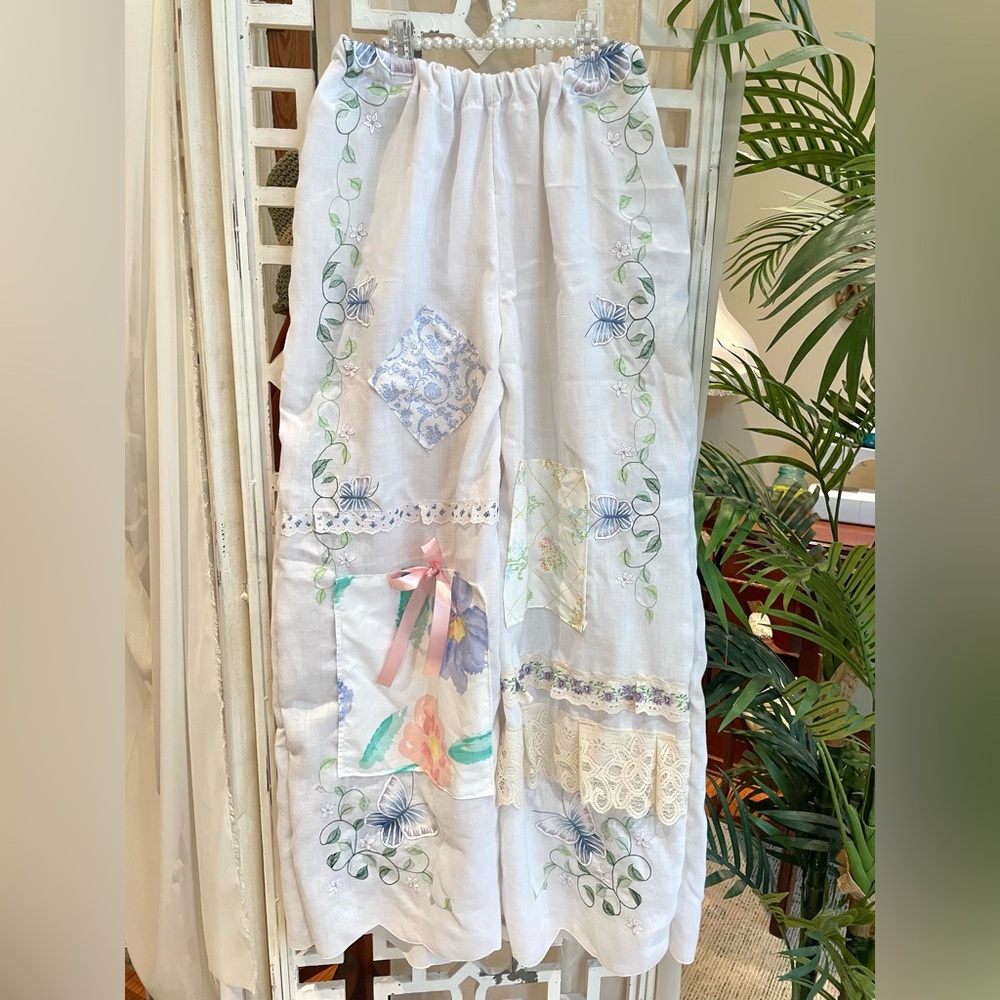 Butterfly Embroidered cotton/linen White Patchwork wide leg pants with lace